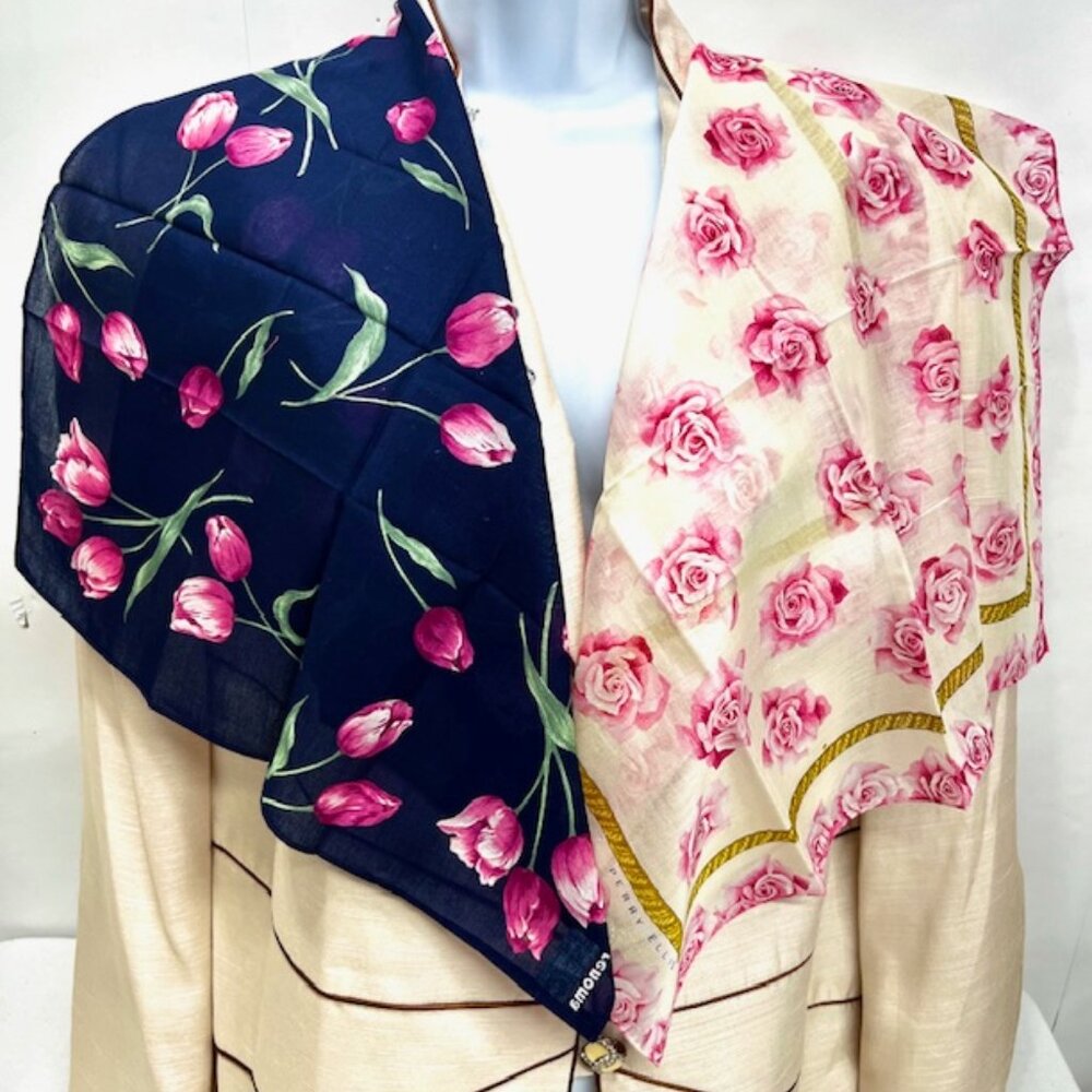 (2) Unused Perry Ellis & Renoma Mini Scarf/handker cottonPink Blue Floral-18"(11